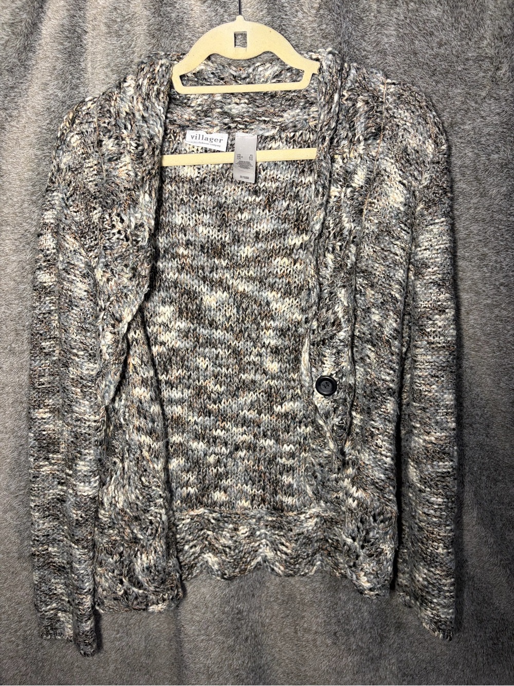 villager Marled Gray Cream Brown Open Knit Cardigan